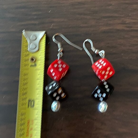 Set of Dice Hanging Earrings Dangle French Hook Black & Red Very Nice Handmade - Picture 5 of 5